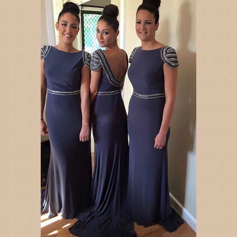 Dark Blue Bridesmaid Dress 2017 With Cap Sleeves, Beaded Bateau Prom Dresses With Low Back, Sheath Chiffon Dress With A Beaded Belt